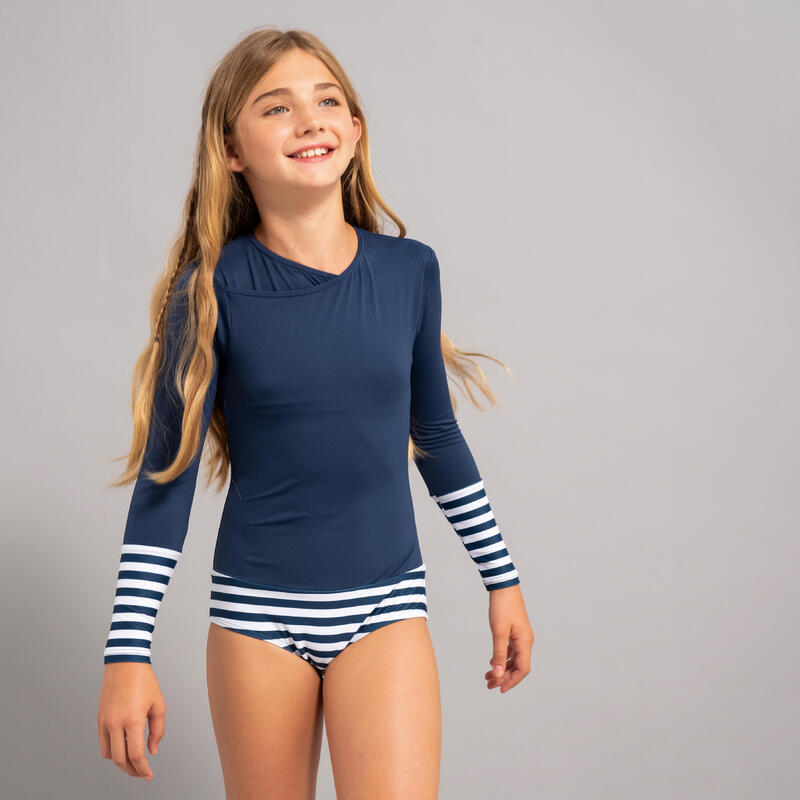女童款一件式長袖泳裝MAYA－軍藍色