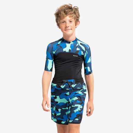 Boy's short-sleeved anti-UV T-shirt - 500 Camo black blue