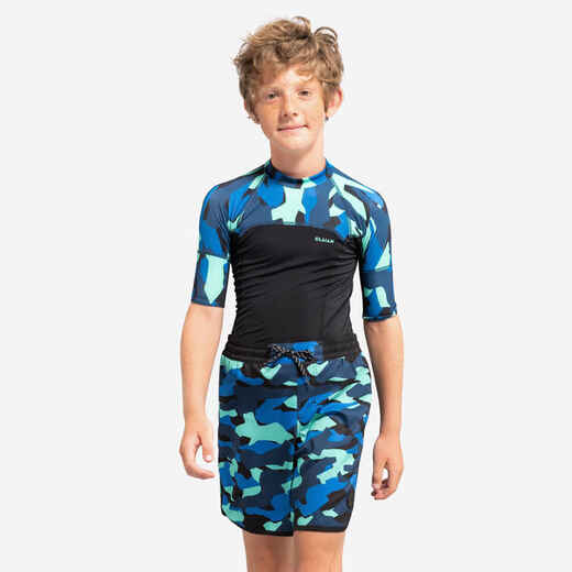 
      UV-Shirt Jungen kurzarm 500 Camo schwarz/blau
  