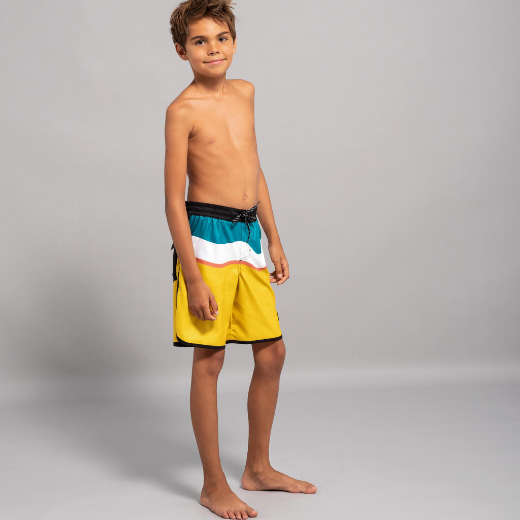 Boy's swim shorts - 500 brush lines blue