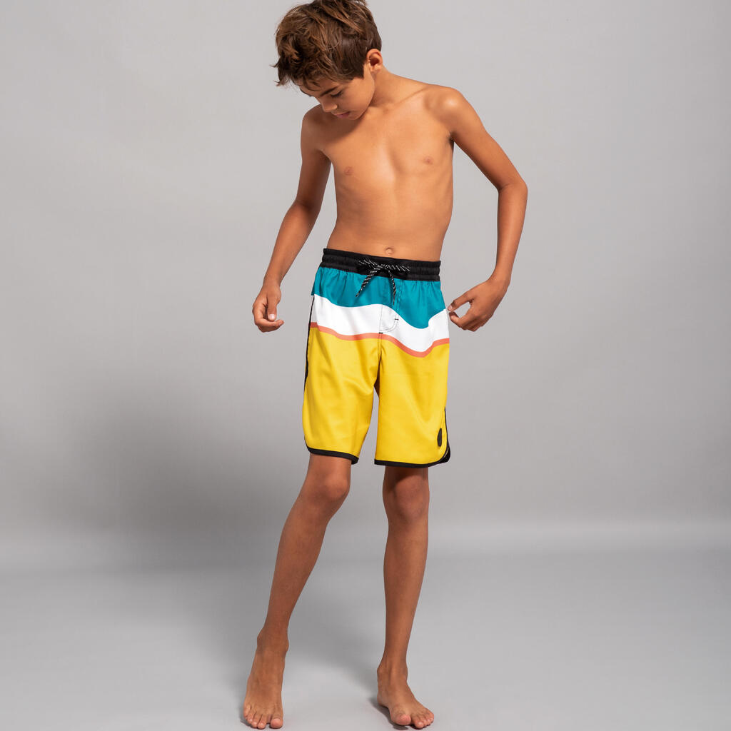 Boy's swim shorts - 500 brush lines blue
