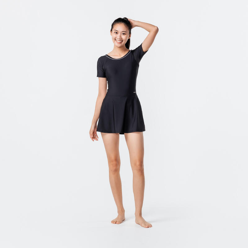 Women's short-sleeved one-piece swimsuit with skirt Una - black
