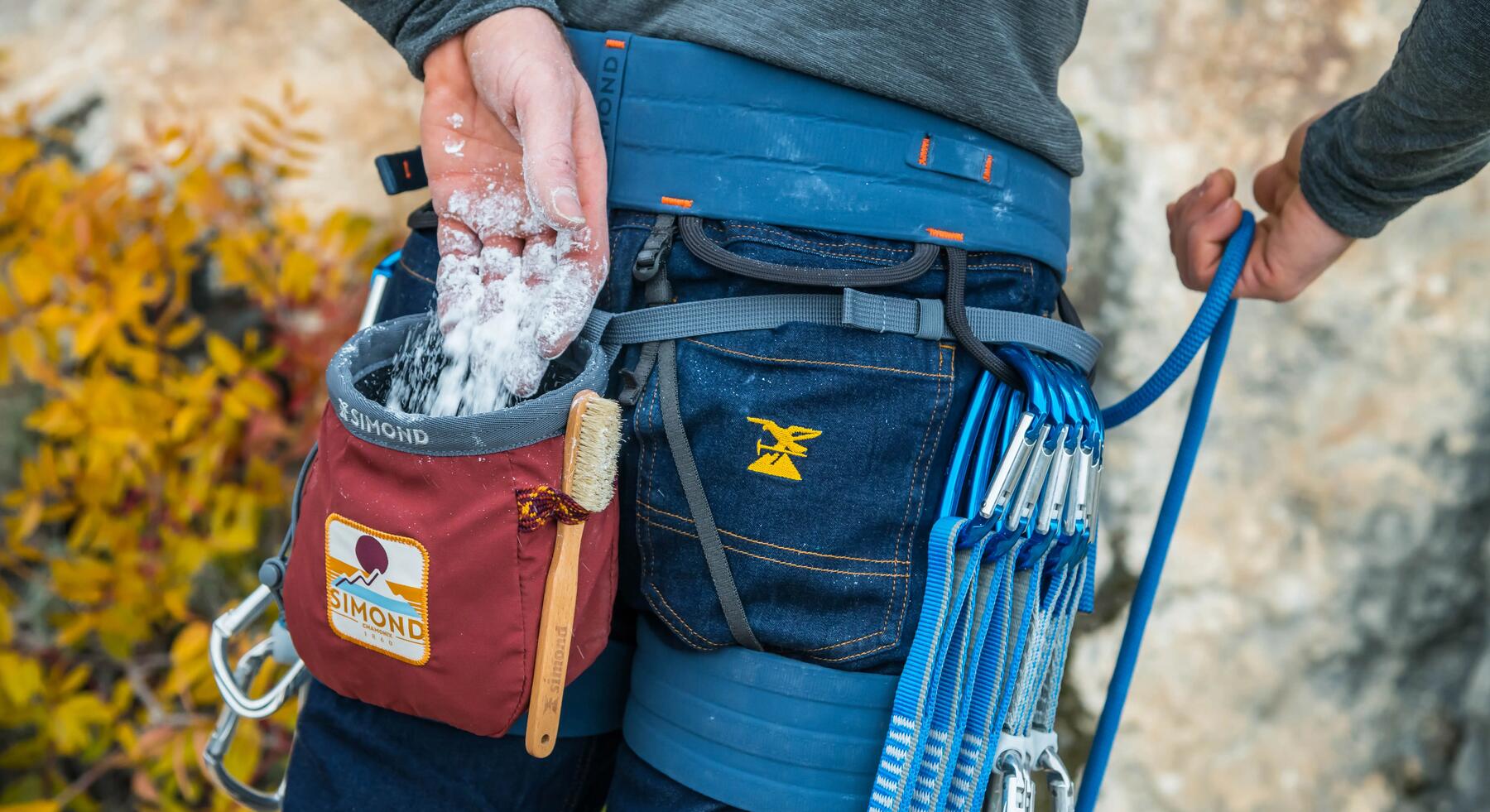 man using climbing chalk