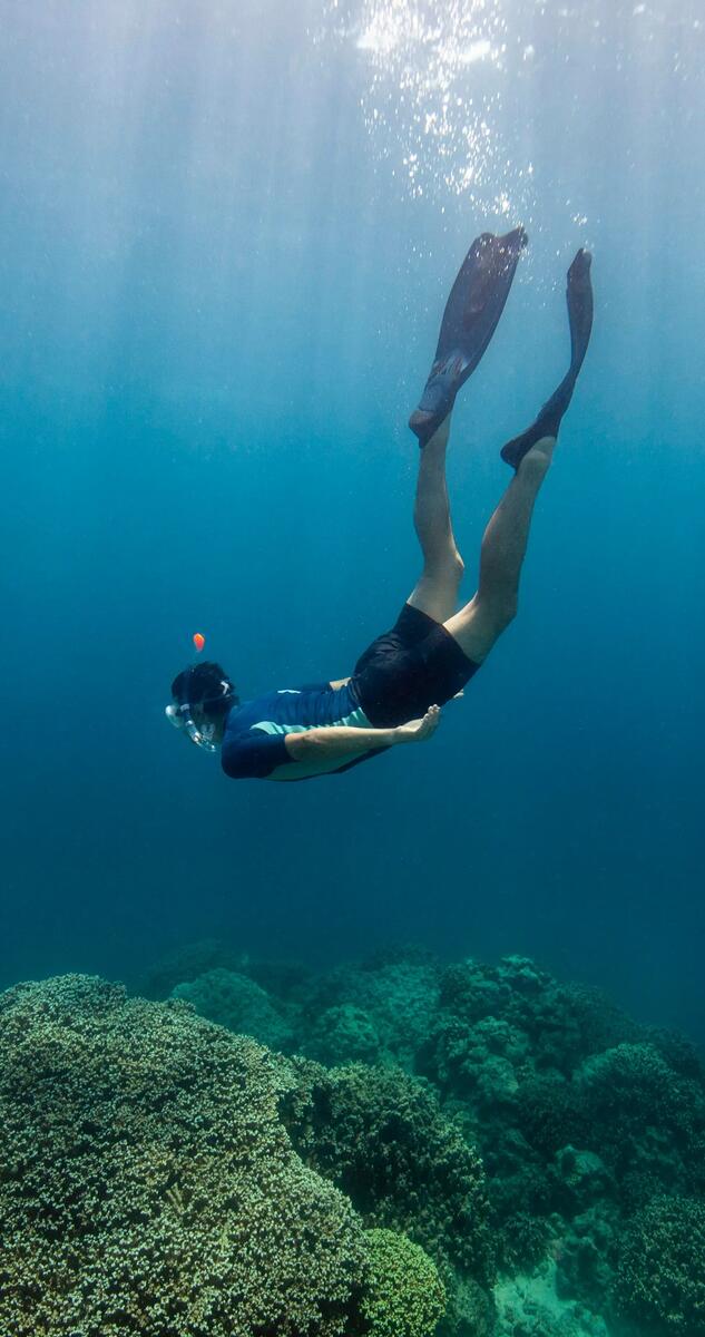 muž ktory praktizuje freediving v morskom útese