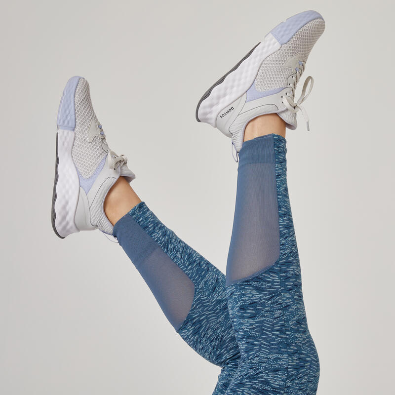 Fitness legging stretch katoen hoge taille met mesh blauw met print