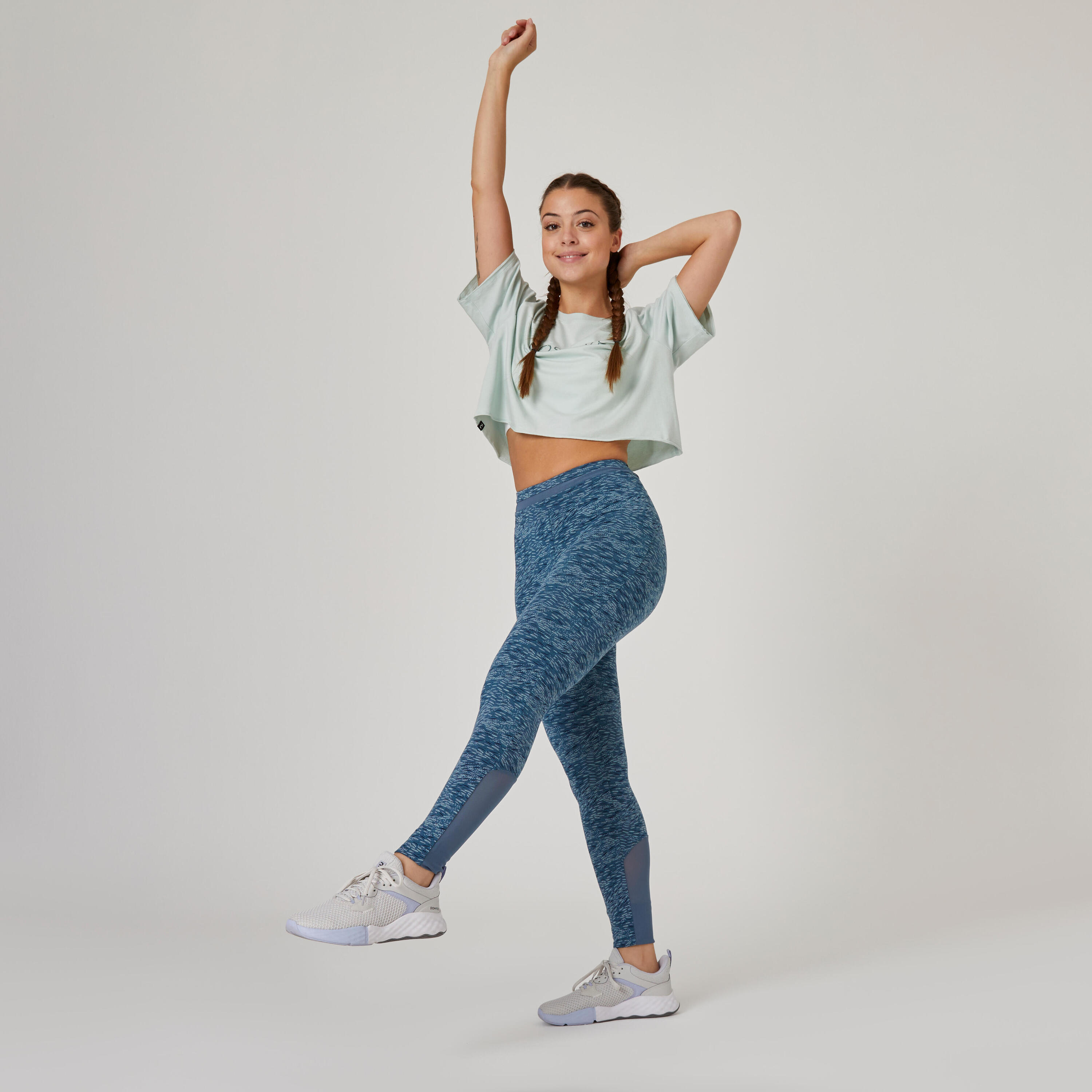 Stretchy High-Waisted Cotton Fitness Leggings with Mesh - Blue Print 3/6