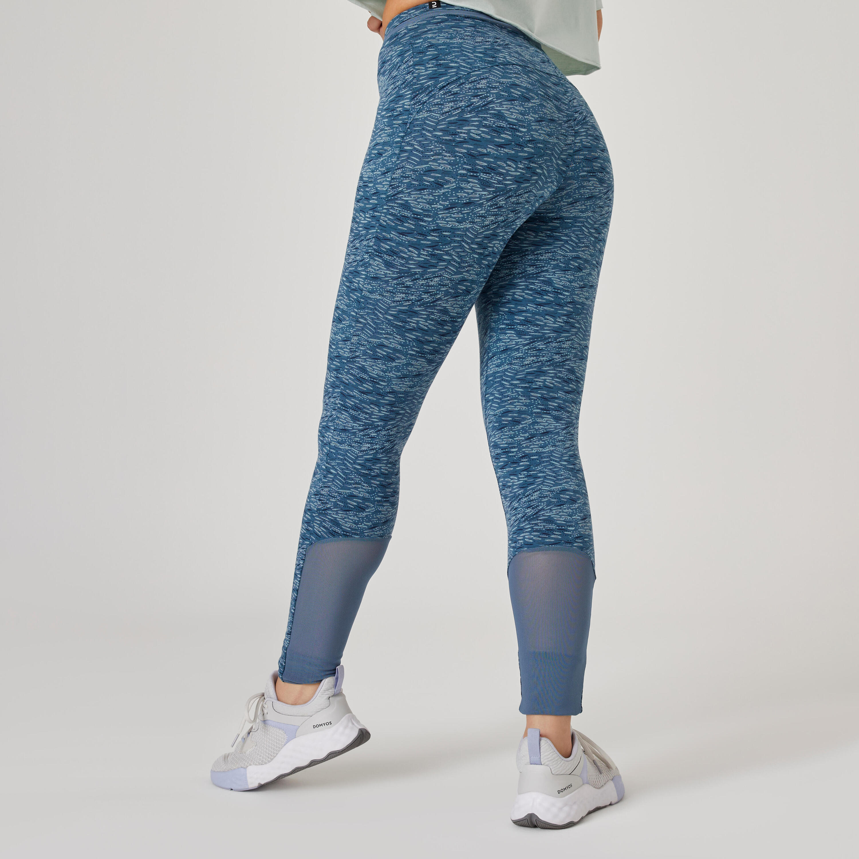 Stretchy High-Waisted Cotton Fitness Leggings with Mesh - Blue Print 2/6