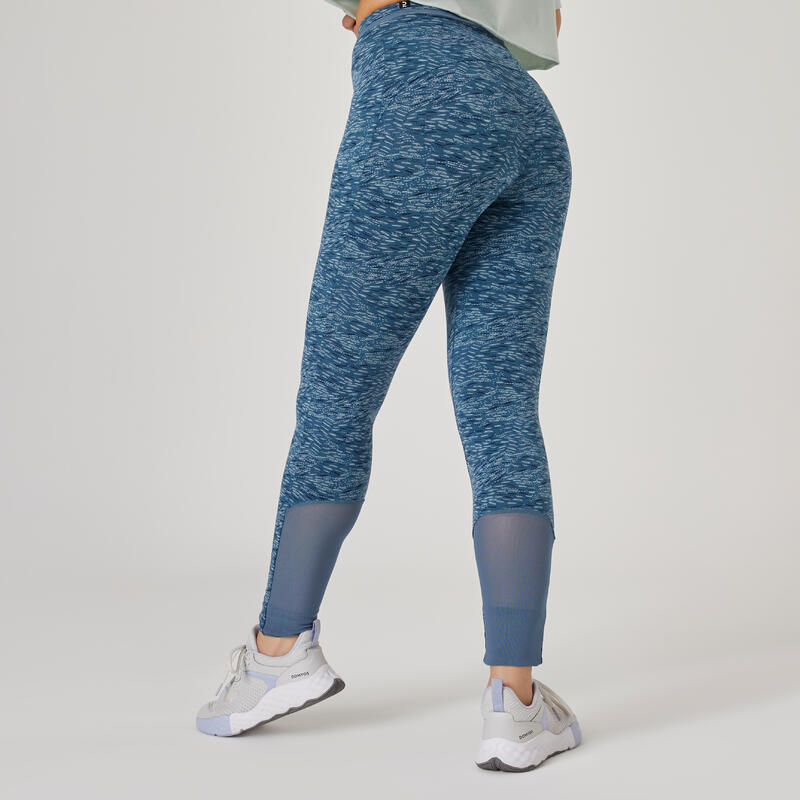 Fitness legging stretch katoen hoge taille met mesh blauw met print