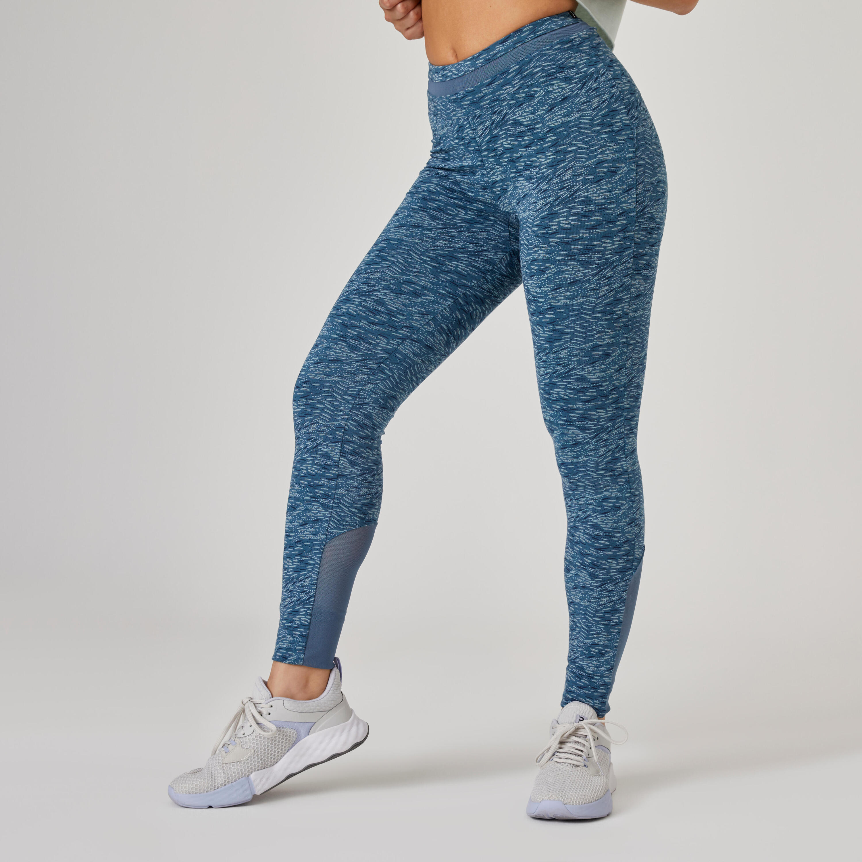 DOMYOS Leggings donna fitness 520 misto cotone con trasparenze blu-azzurri