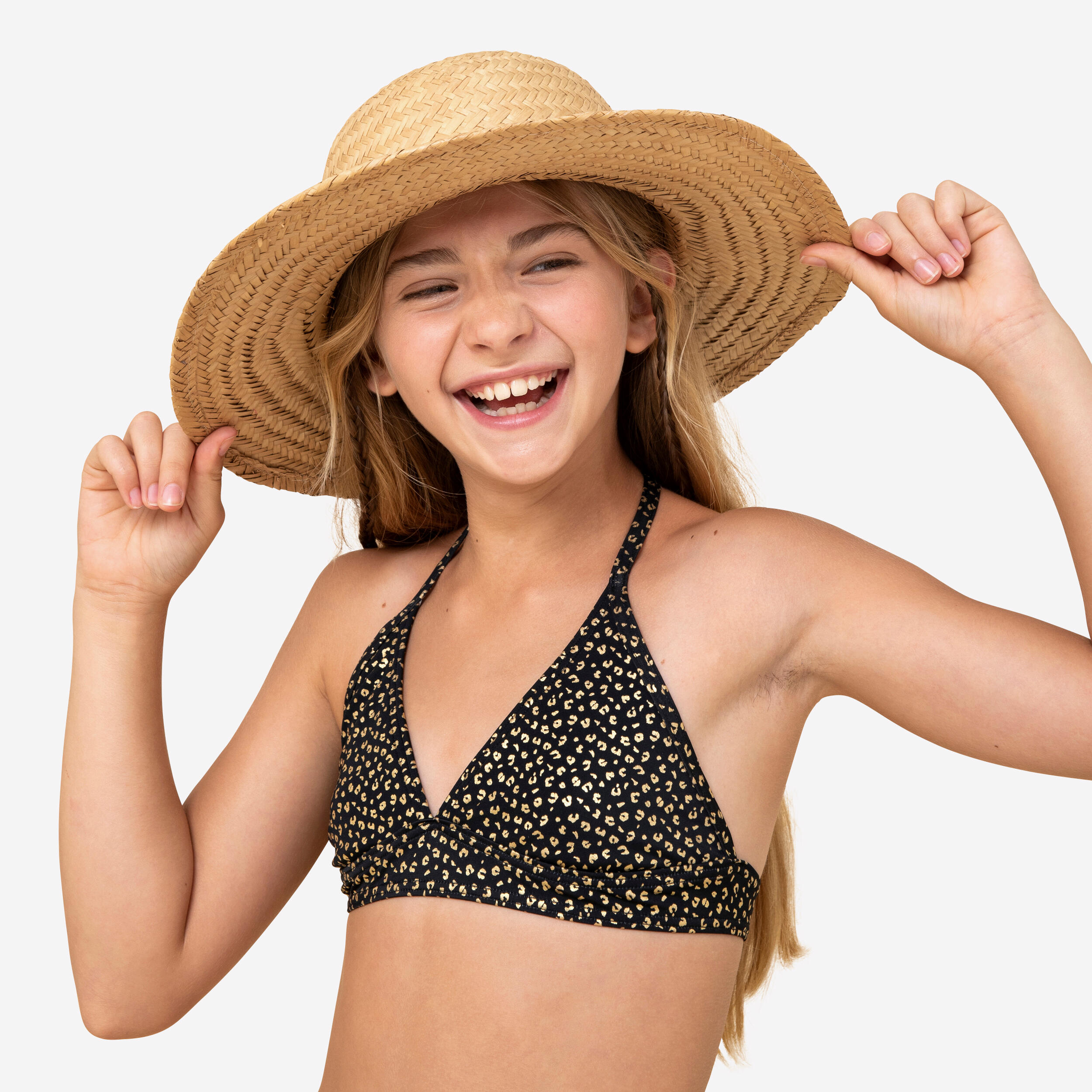 GIRLS’ SWIMSUIT TOP WITH COLLAR 100 - BLACK 1/10