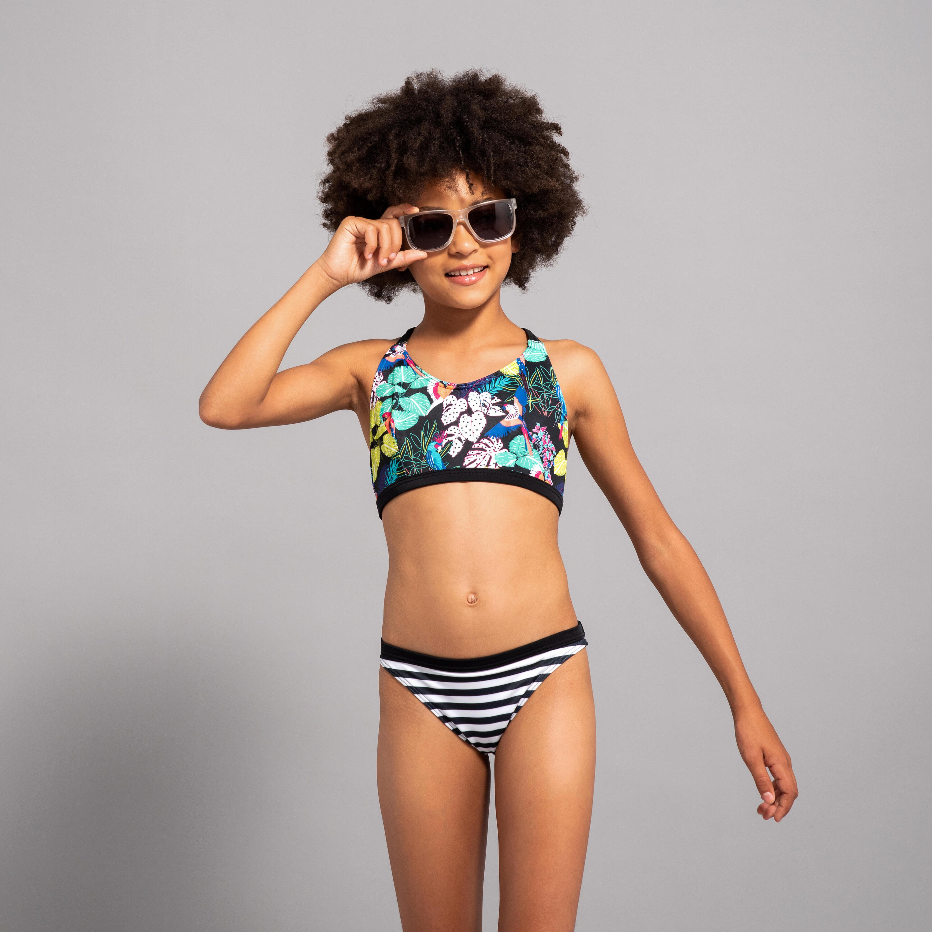 GIRL'S SURF SWIMSUIT BOTTOM CORAL STRIPED BLACK 3/4