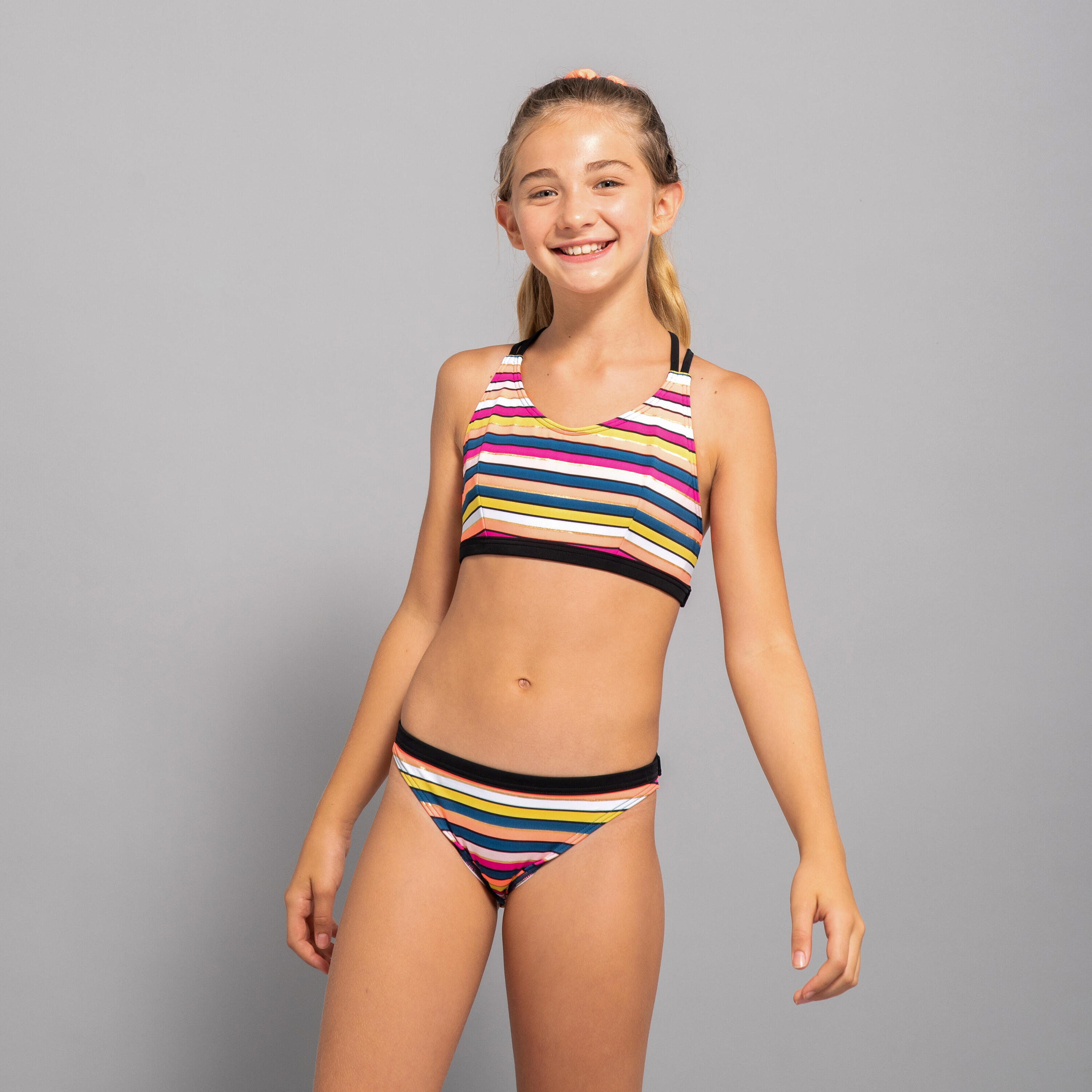 GIRL'S SURF SWIMSUIT TOP CORAL STRIPED 500 5/5