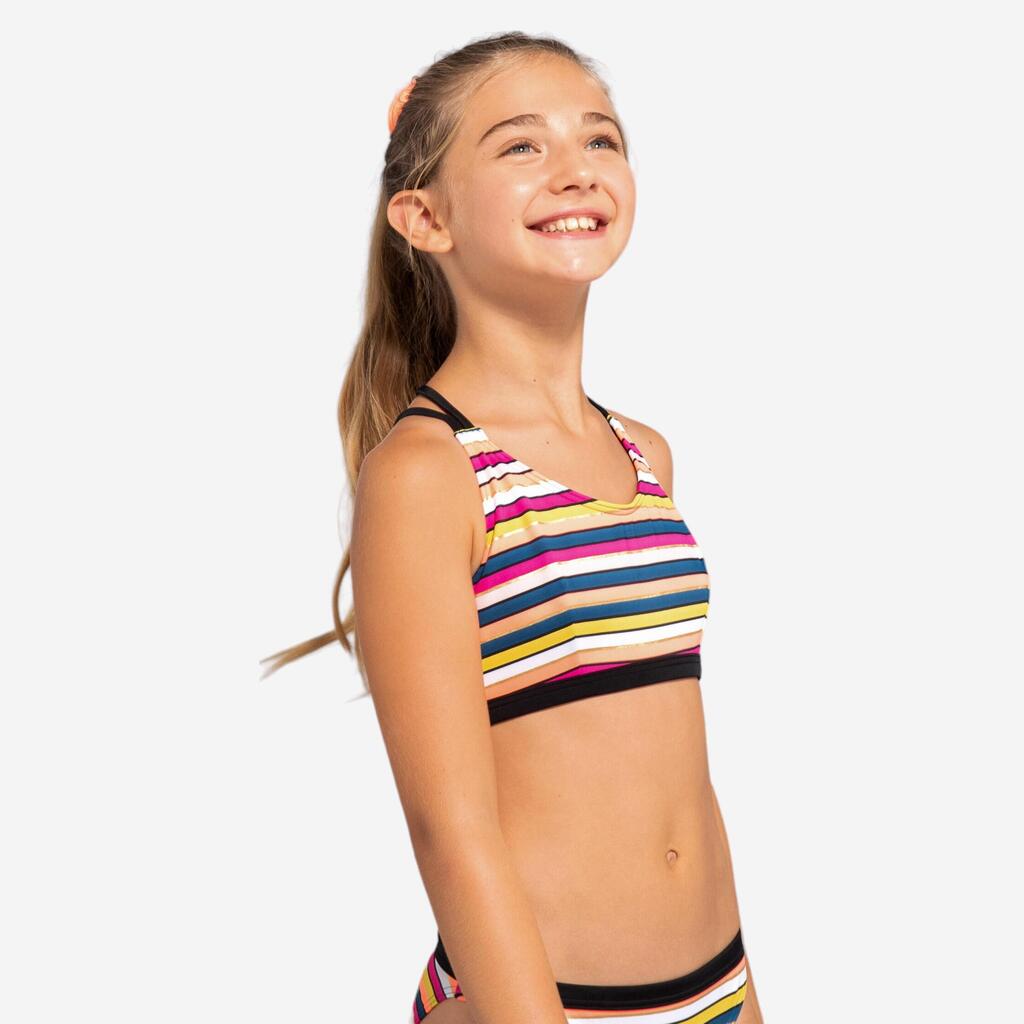 GIRL'S SURF SWIMSUIT TOP CORAL STRIPED 500