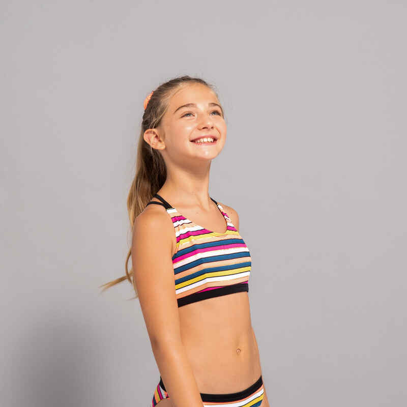 GIRL'S SURF SWIMSUIT TOP CORAL STRIPED 500