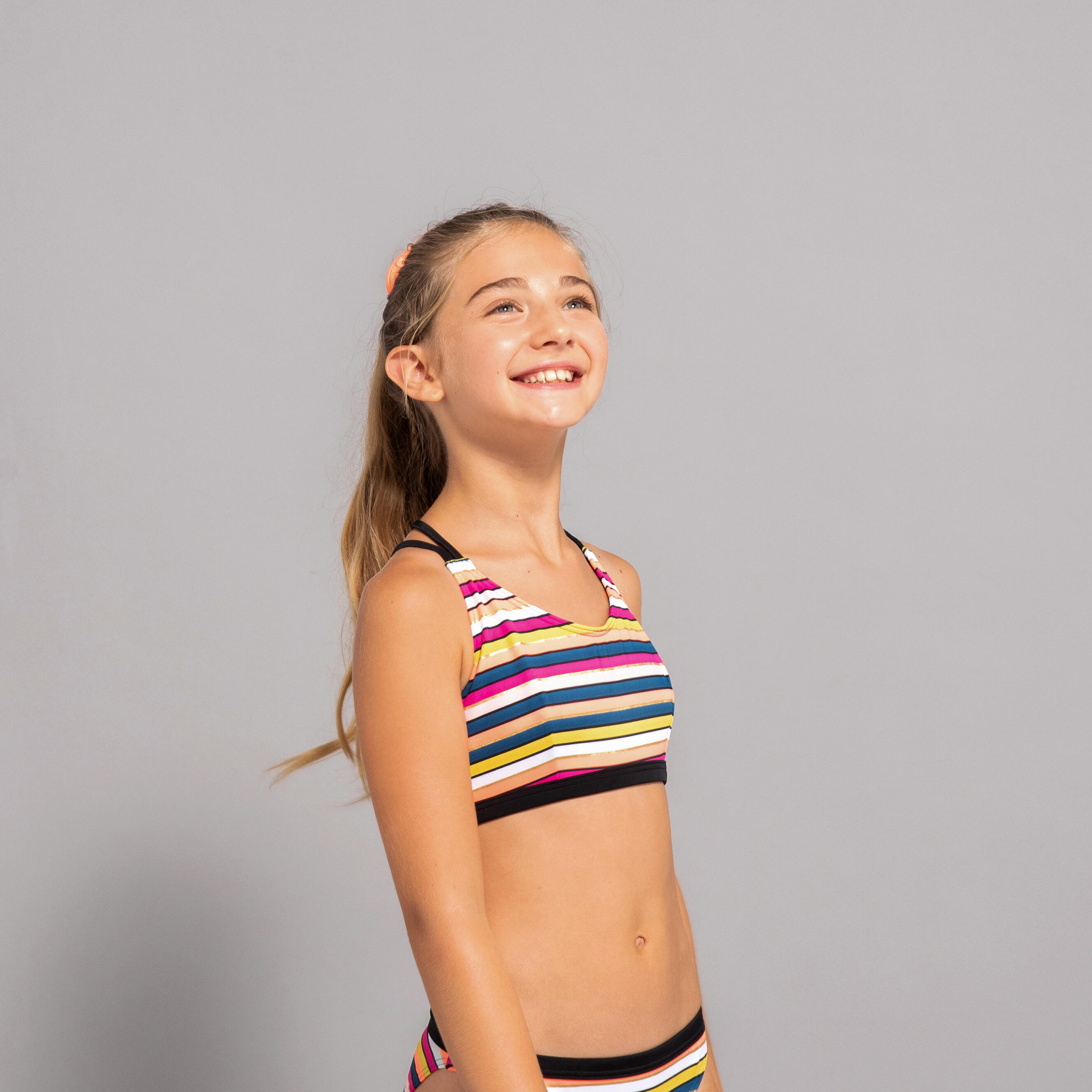GIRL'S SURF SWIMSUIT TOP CORAL STRIPED 500 1/5