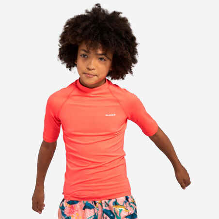 Camiseta de protección solar manga corta para niños Olaian UVTop 100 coral