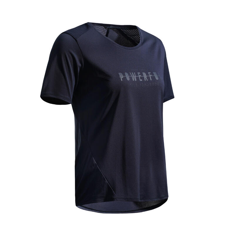 T-Shirt Cintré Fitness Cardio Femme - Bleu Foncé