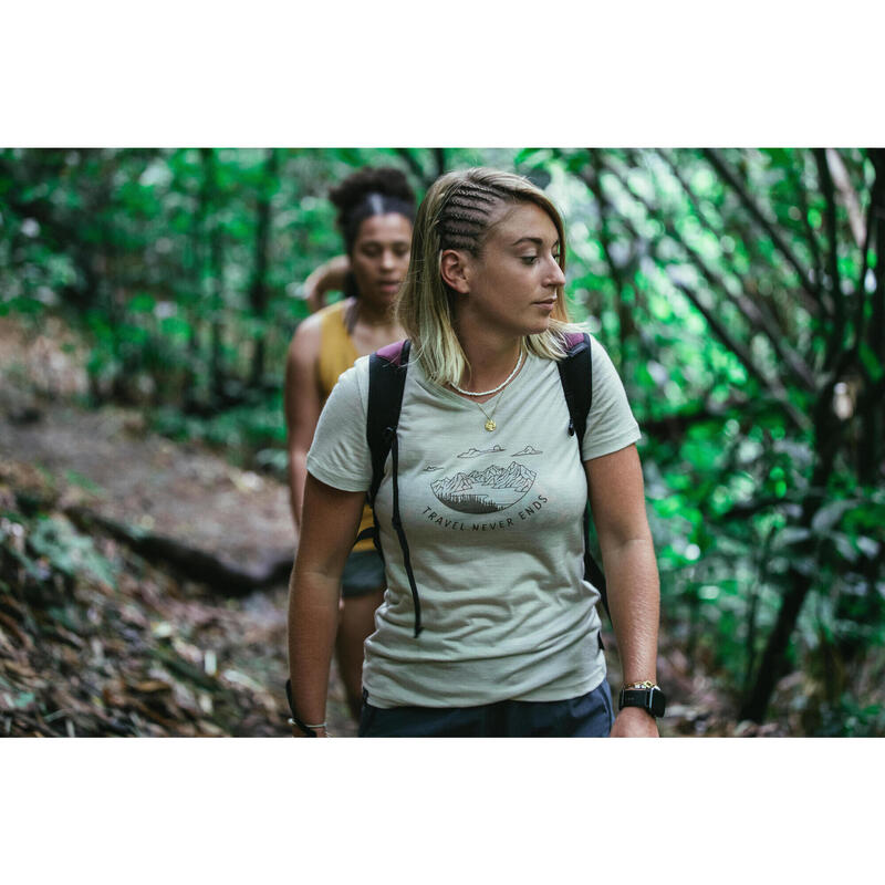 Camiseta de montaña y trekking manga corta  lana merino Mujer Forclaz Travel 500
