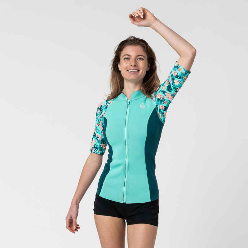 Women's anti-UV short-sleeved 1 mm neoprene top - flower turquoise