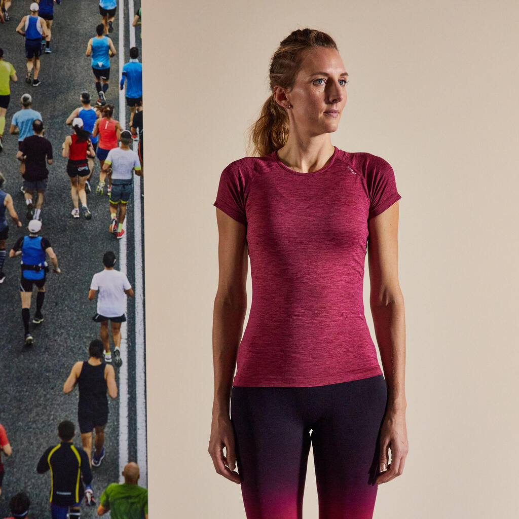 Laufshirt kurzarm atmungsaktiv Kiprun Skincare Damen bordeaux