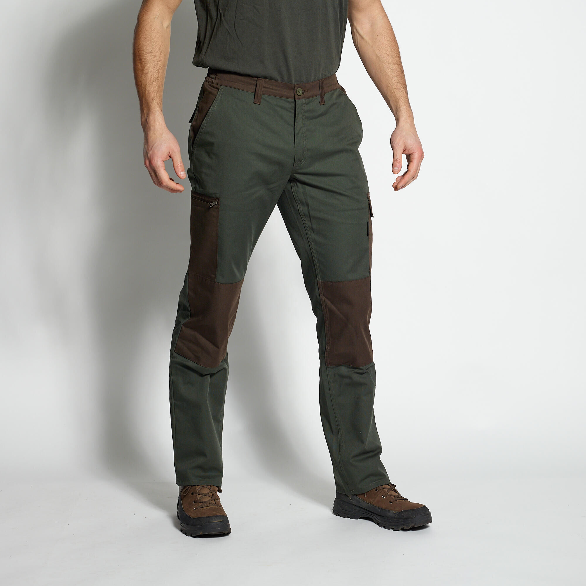 SOLOGNAC RESISTANT CARGO TROUSERS STEPPE 300 TWO-COLOUR - GREEN AND BROWN