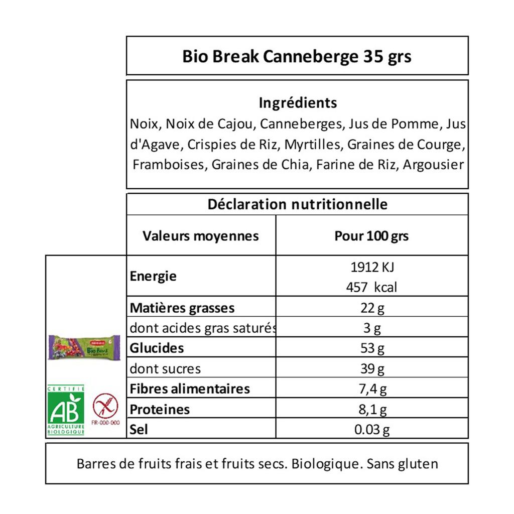 Ekologiškų spanguolių, šilauogių ir ispaninio šalavijo sėklų vaisinis batonėlis be glitimo „BioBreak“, 35 g