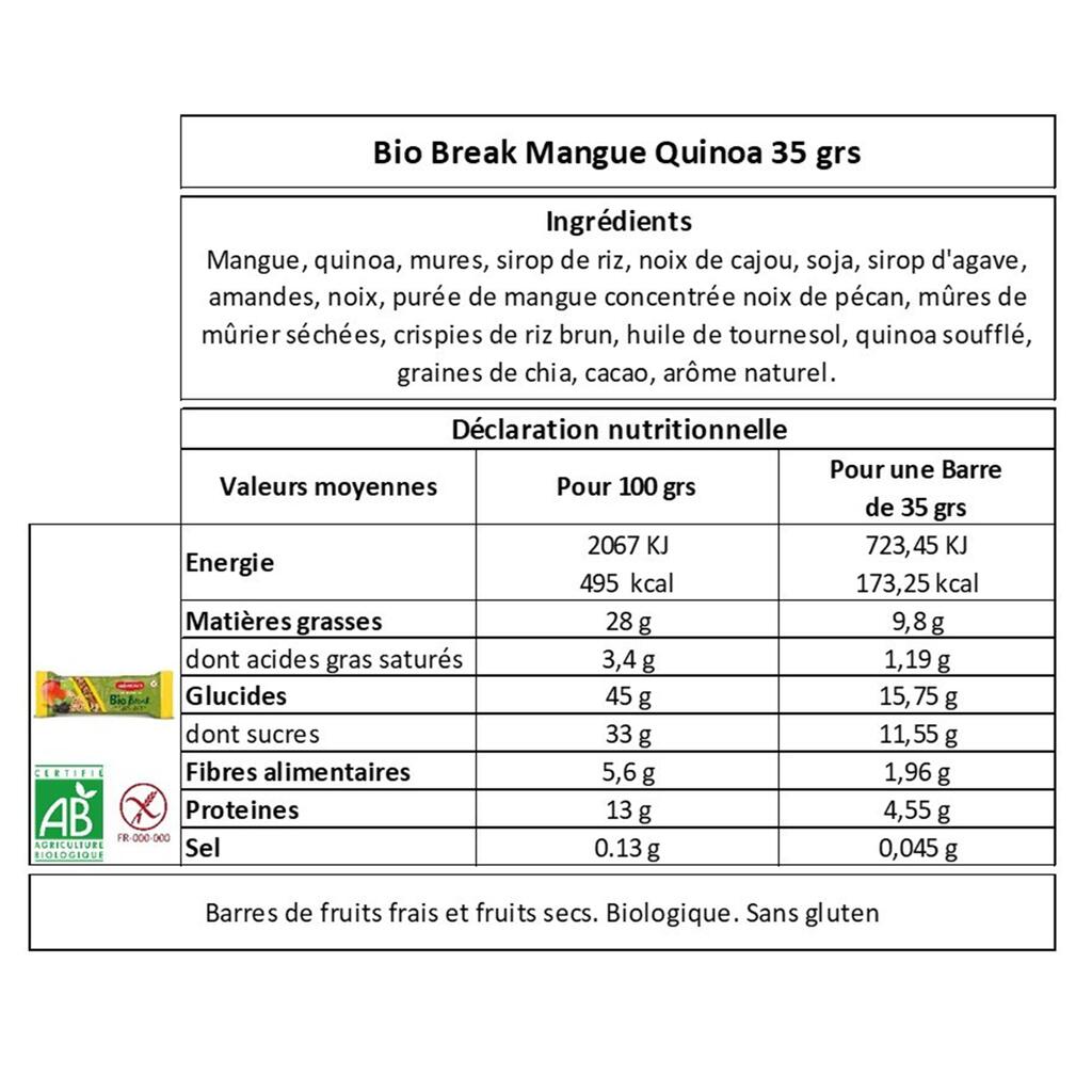Bioloģisks bezglutēna mango, kvinojas un kazeņu augļu batoniņš