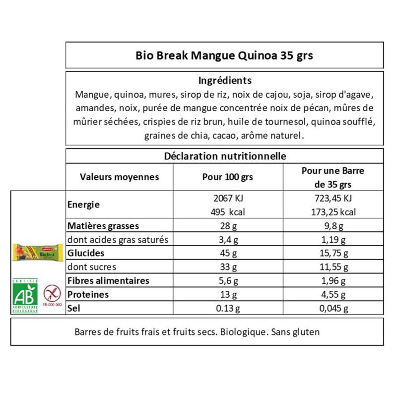 Barres de fruits Mangue, Quinoa, Mures Bio et sans gluten