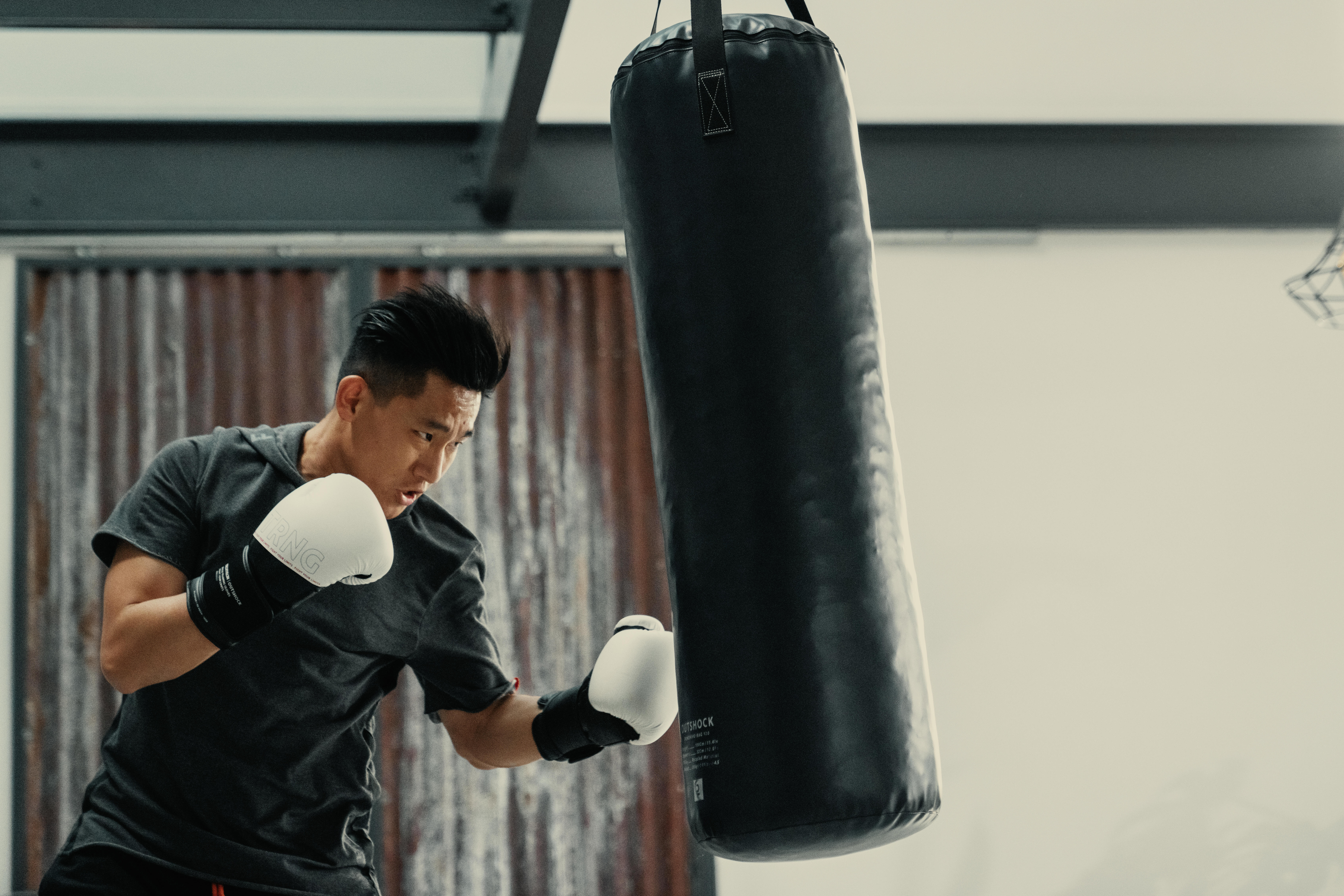 Training on a hanging punch bag
