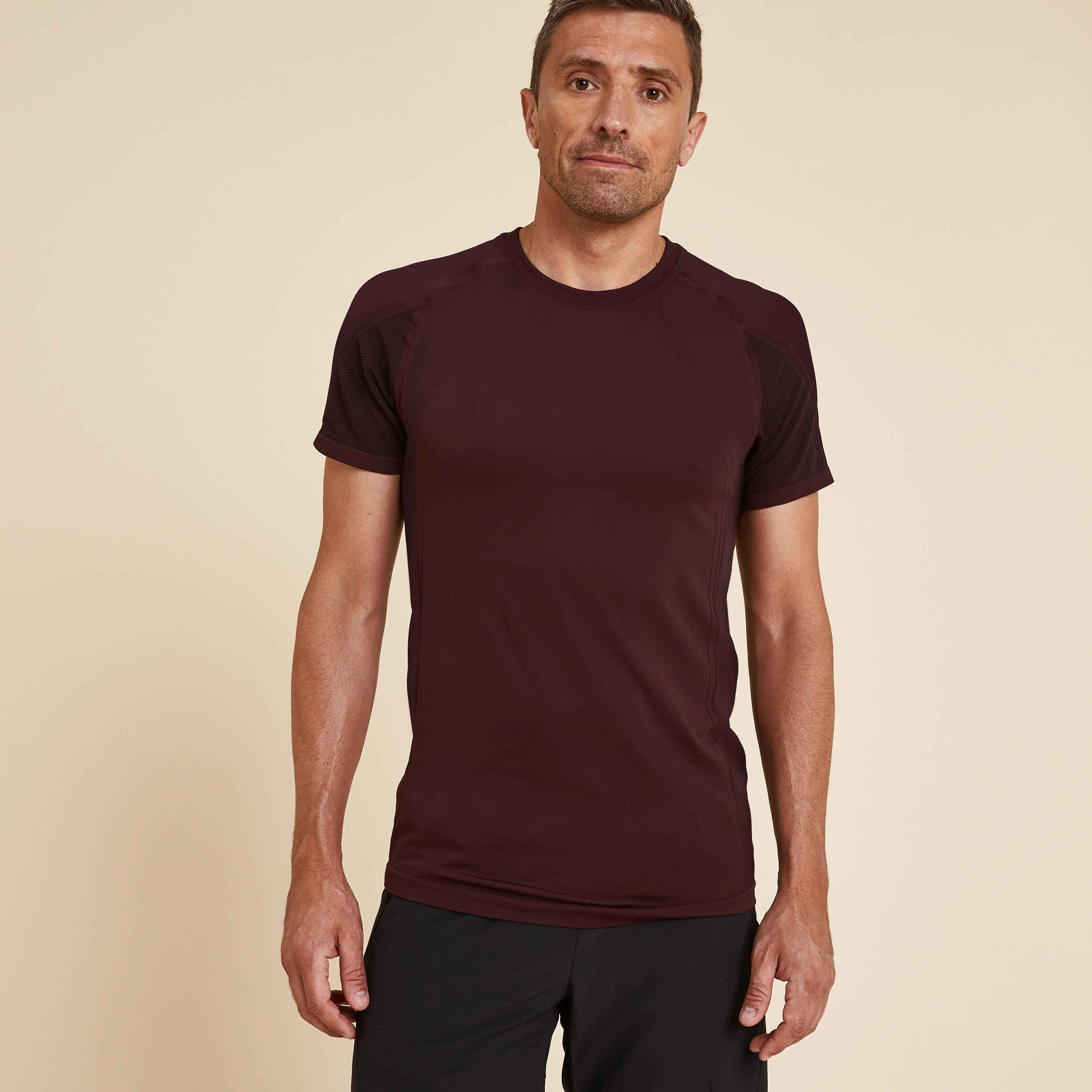 KIMJALY Men's Seamless Yoga T-Shirt Second Skin - Burgundy