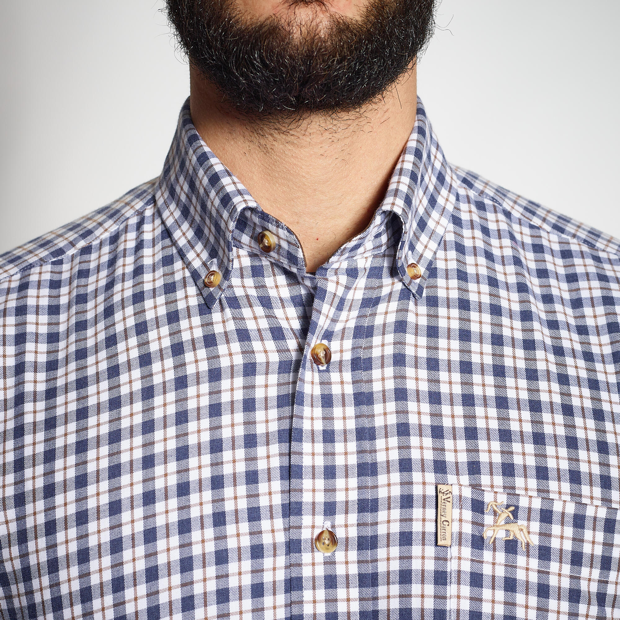 Long-sleeved cotton hunting shirt Navy Blue checkered Verney Carron 3/5