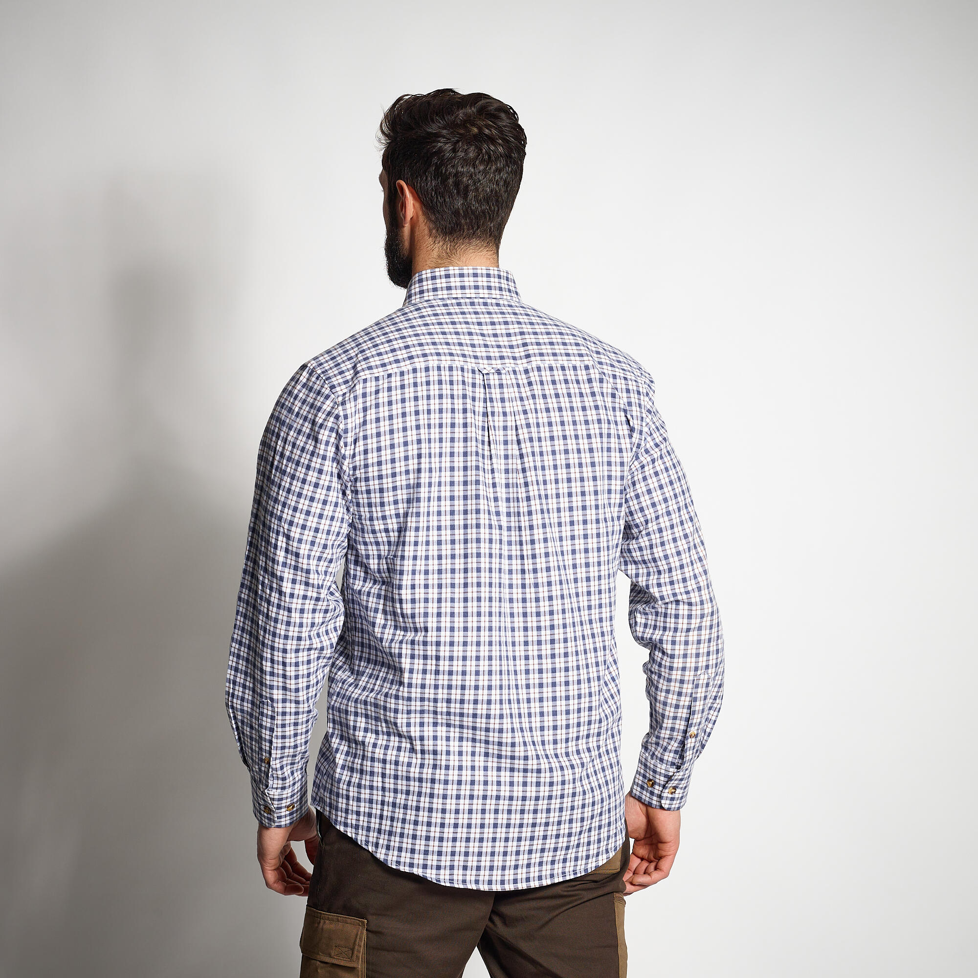 Long-sleeved cotton hunting shirt Navy Blue checkered Verney Carron 2/5