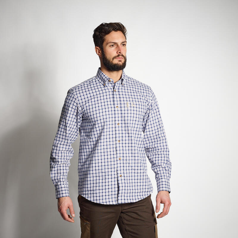 Chemise chasse coton manches longues à carreaux Bleu marine Verney Carron