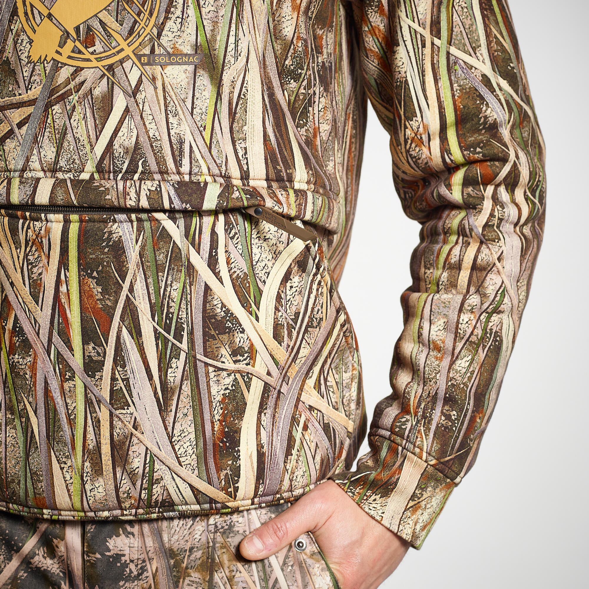 Hunting Warm Hooded Sweatshirt - WF 500 D Camouflage Wetland - SOLOGNAC
