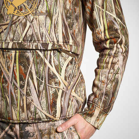 Šiltas medžioklinis džemperis su gobtuvu „500“, pelkių kamufliažas