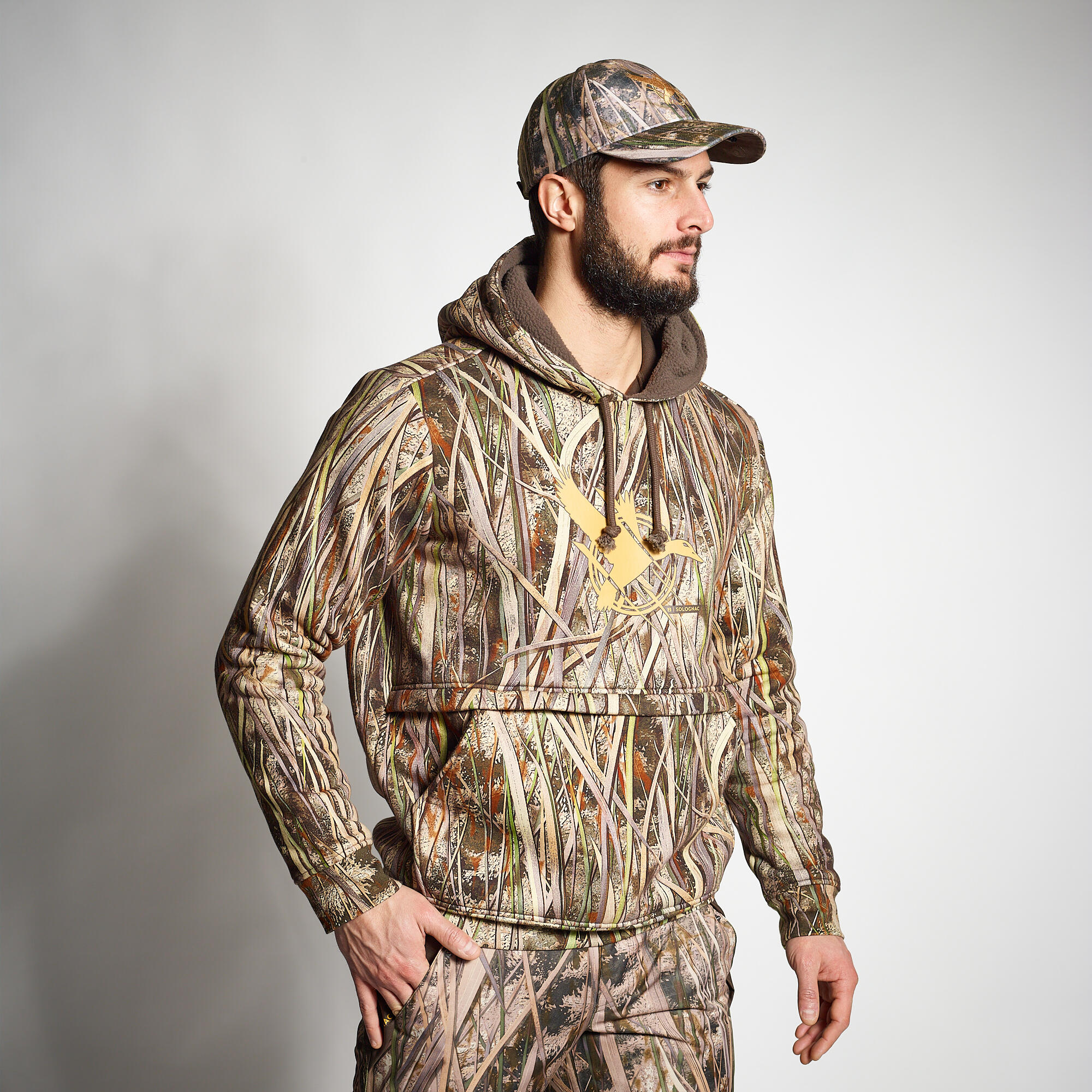 Image of Hunting Warm Hooded Sweatshirt - WF 500 D Camouflage Wetland