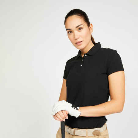 Črna ženska polo majica s kratkimi rokavi za golf MW100