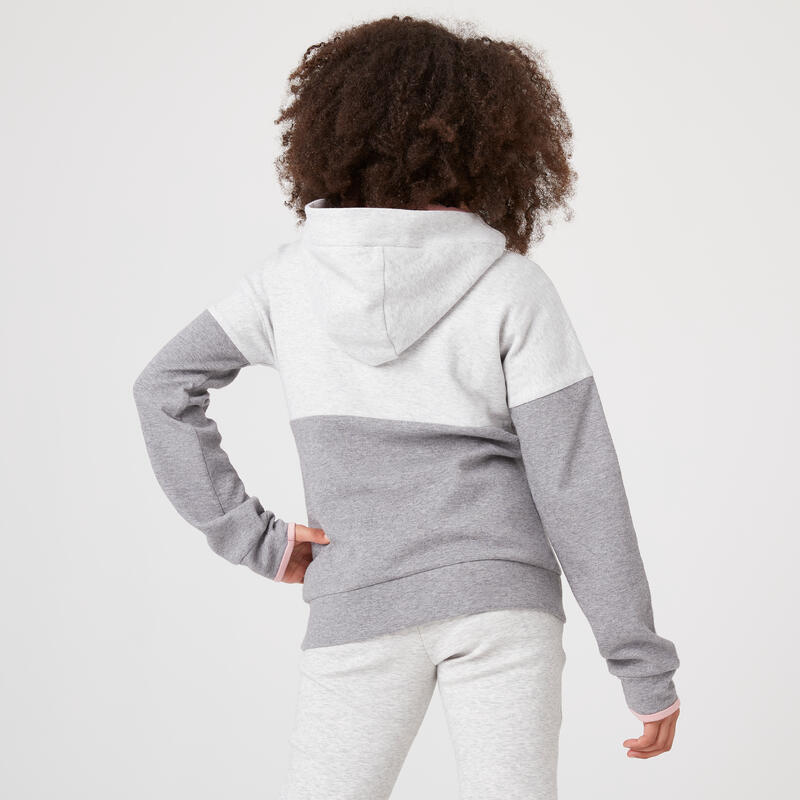 Felpa bambina ginnastica 900 misto cotone con cappuccio e zip grigio melange