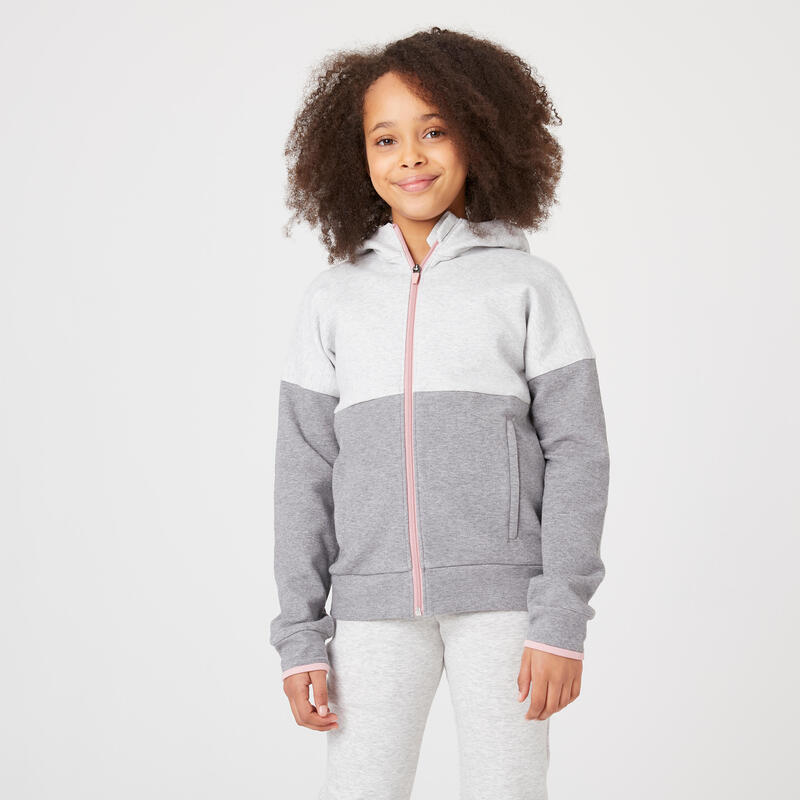 Felpa bambina ginnastica 900 misto cotone con cappuccio e zip grigio melange