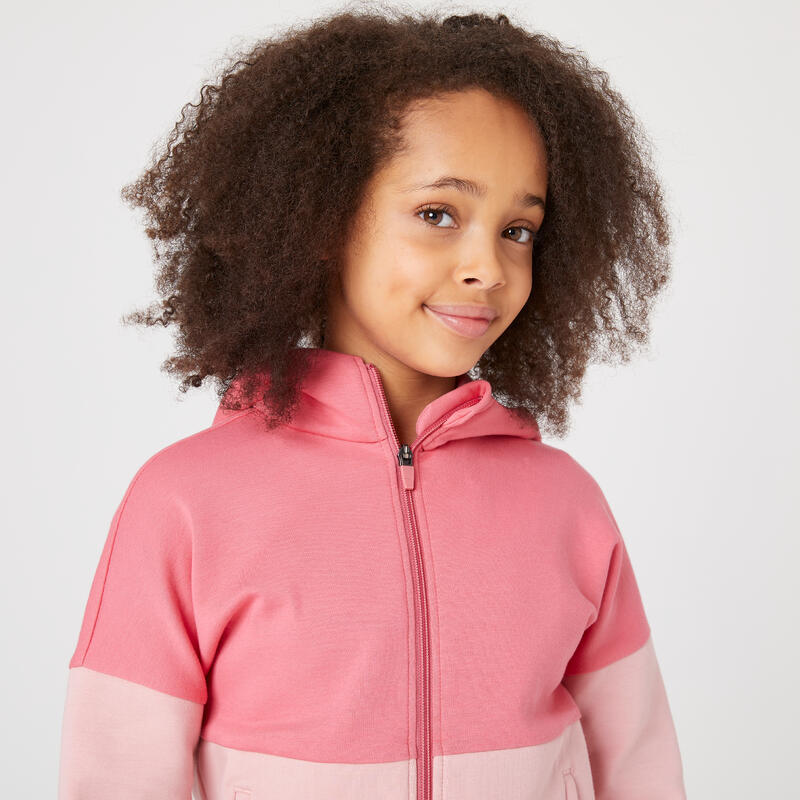 Felpa bambina ginnastica 900 misto cotone con cappuccio e zip rosa