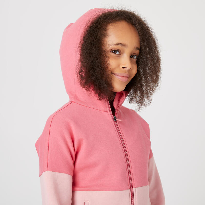 Felpa bambina ginnastica 900 misto cotone con cappuccio e zip rosa