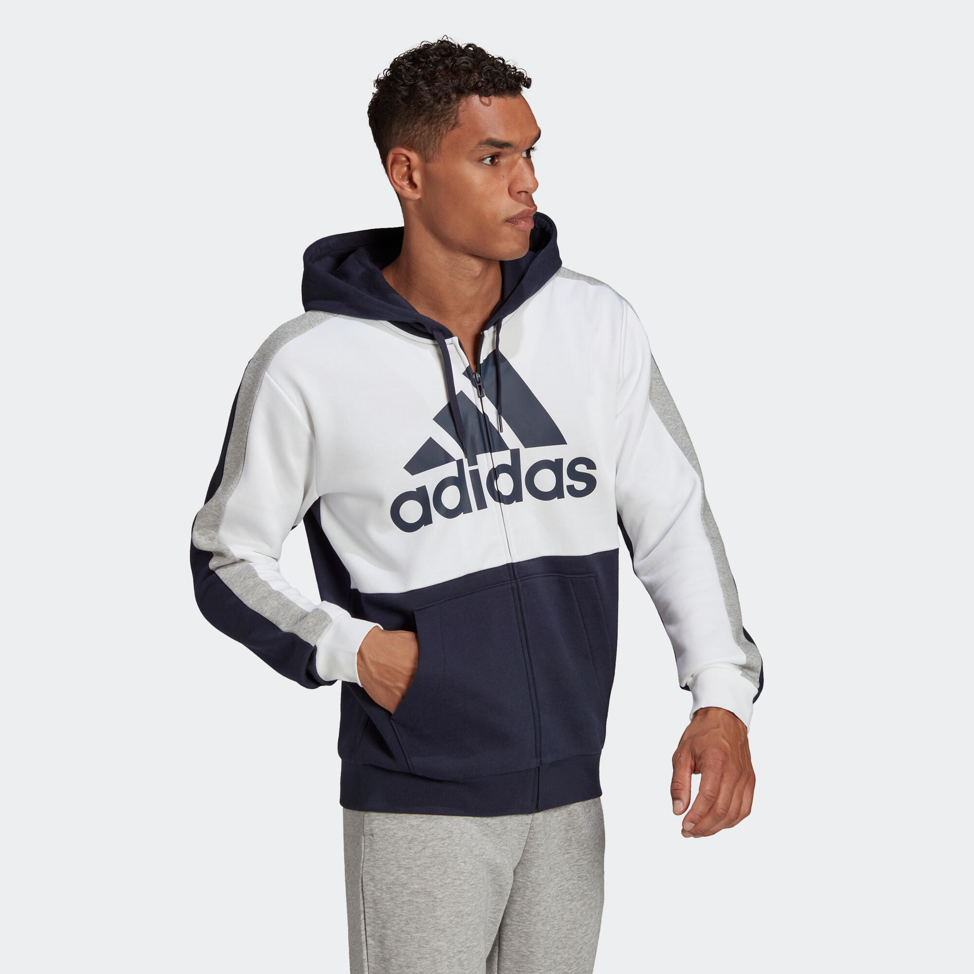 Felpa uomo fitness Adidas misto cotone pesante con cappuccio e zip  blu-bianca ADIDAS | DECATHLON