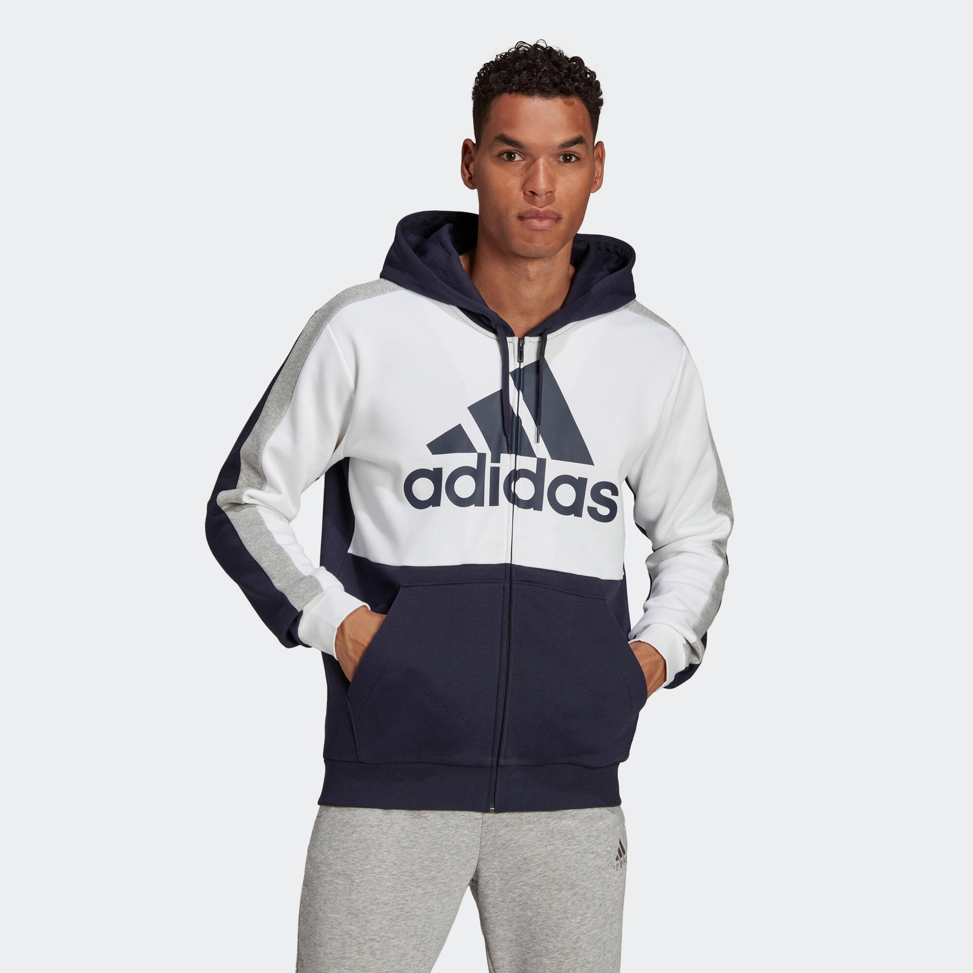 Felpa uomo fitness Adidas misto cotone pesante con cappuccio e zip  blu-bianca ADIDAS | DECATHLON
