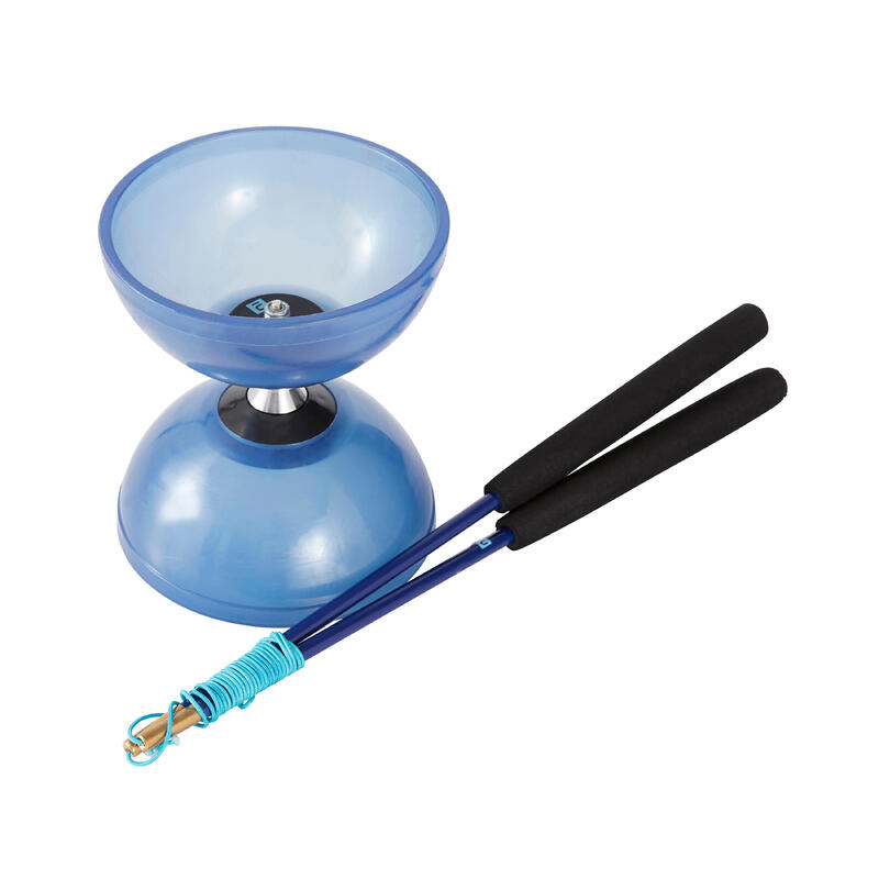 Diabolo met lager voor jongleren 500 blauw met glasvezel stokjes en transporttas