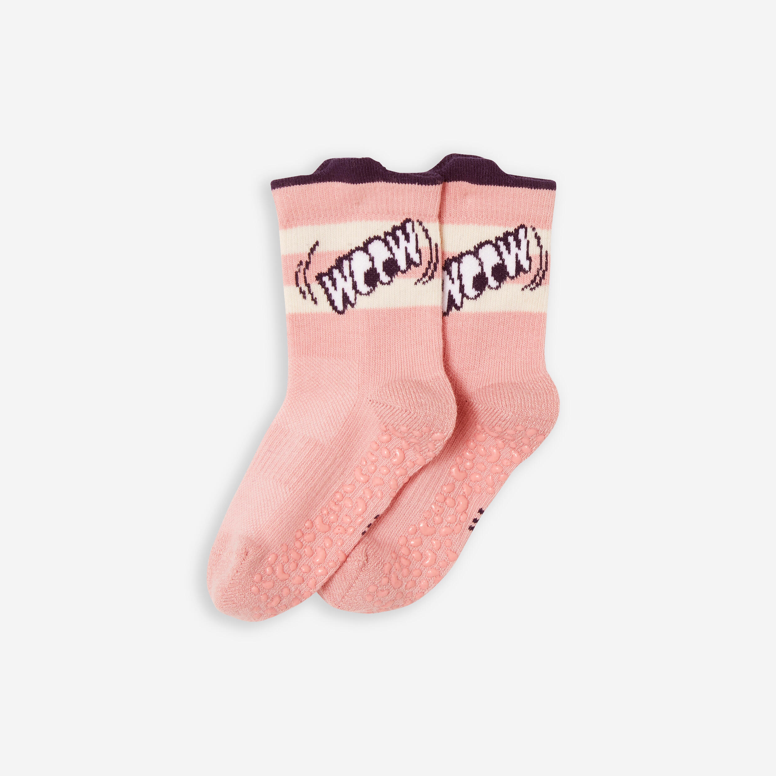 DOMYOS Kids' Non-Slip Mid-High Socks 600 - Pink with Pattern