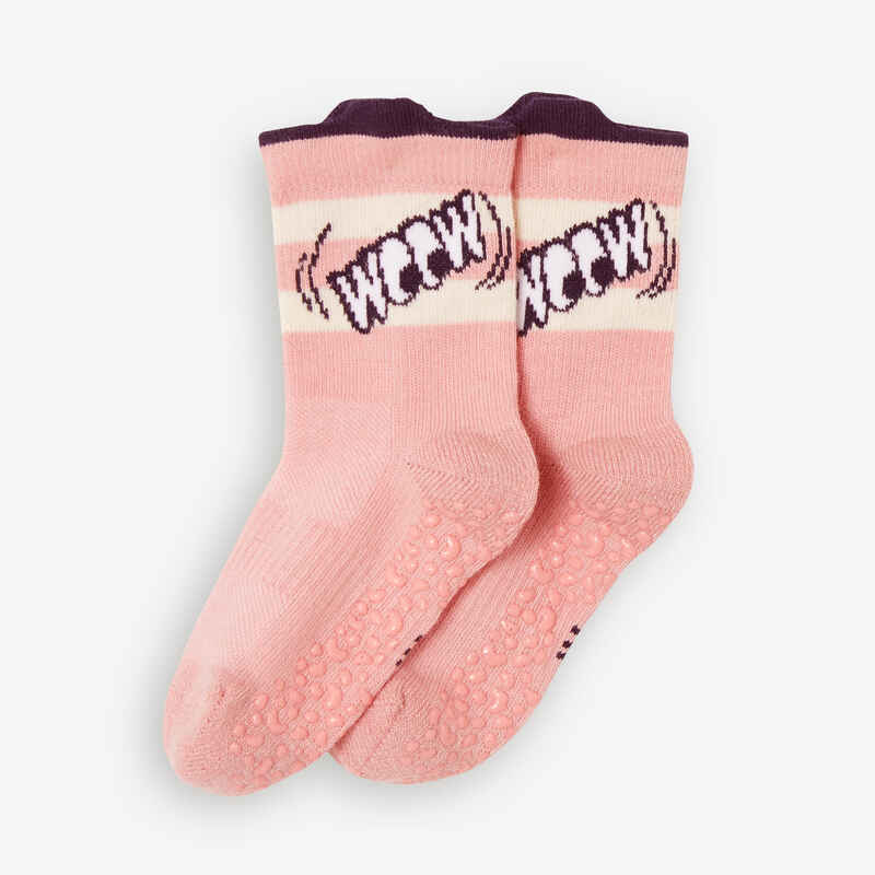 Kids' NonSlip MidHigh Socks 600 Pink with Pattern Decathlon