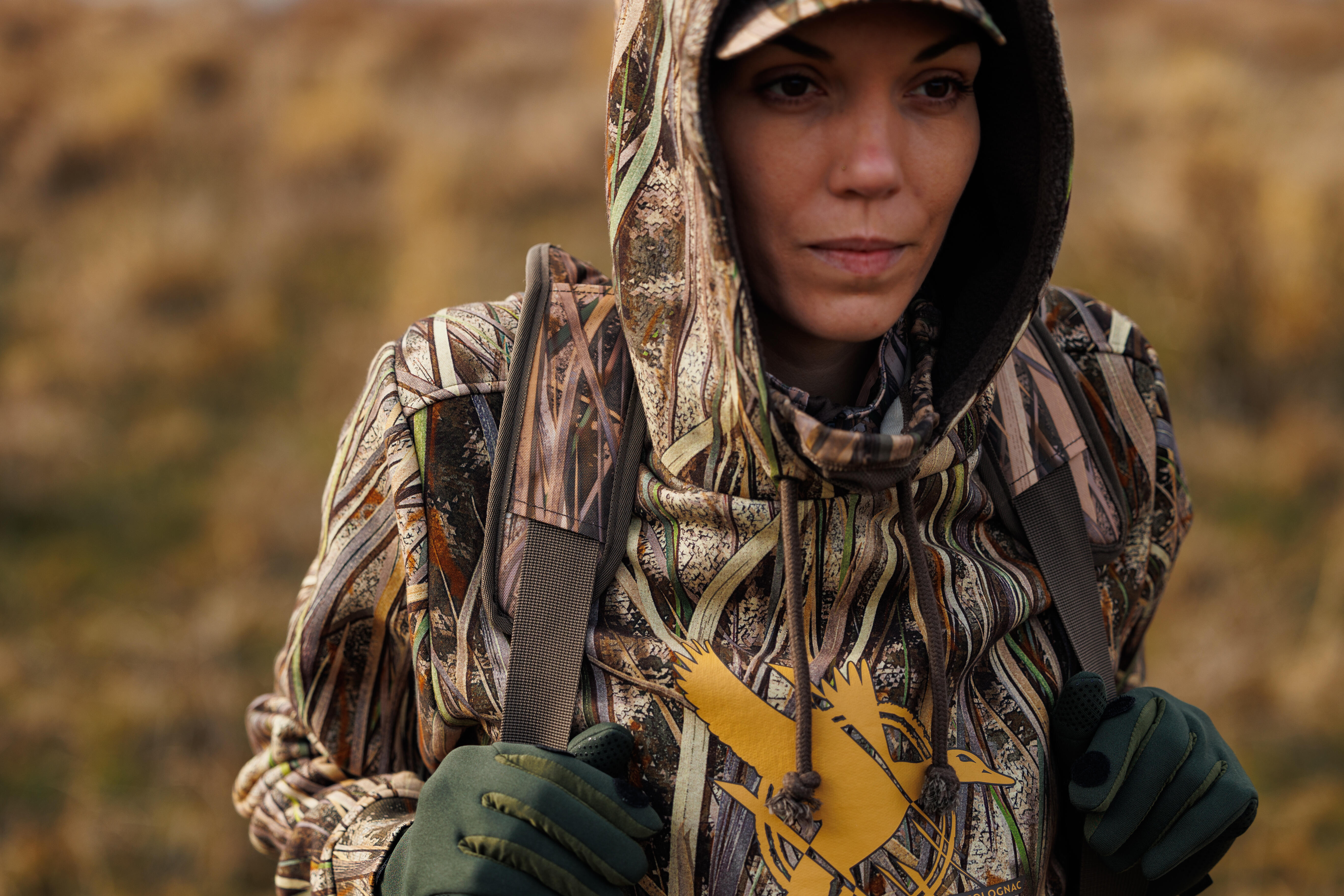 Hunting Warm Hooded Sweatshirt - WF 500 D Camouflage Wetland - SOLOGNAC