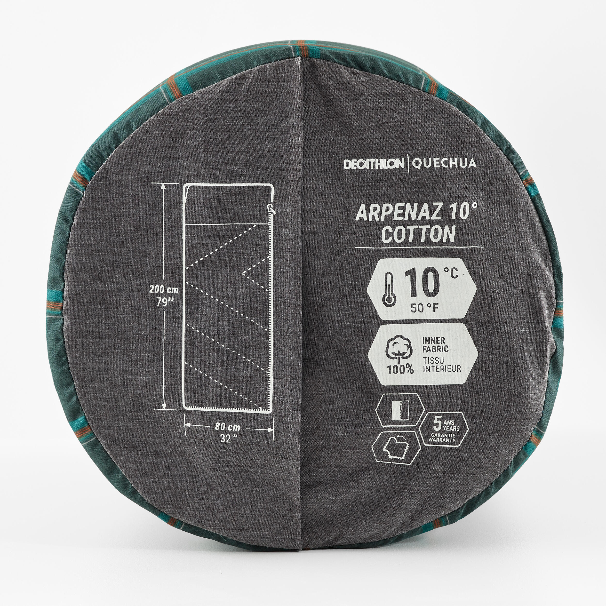 Cotton Camping Sleeping Bag Arpenaz 10° Cotton Green