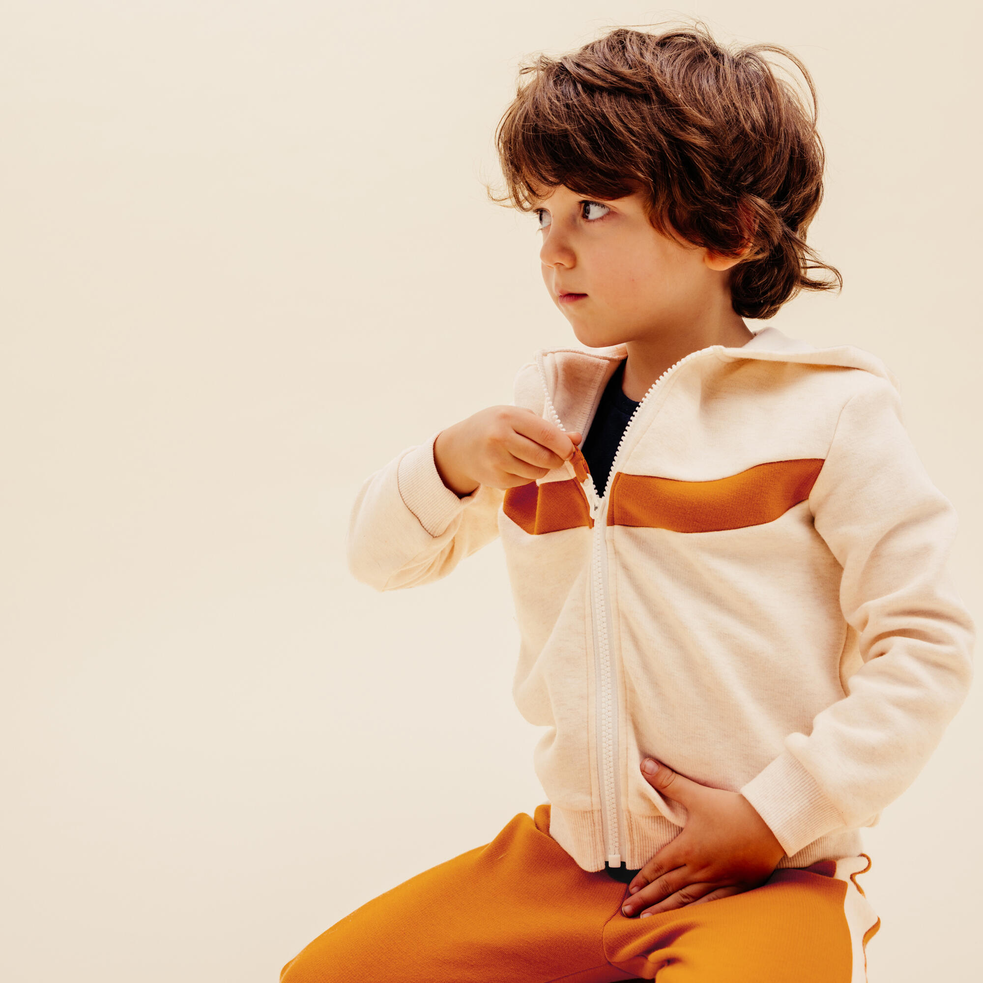 Baby's Zip-Up Sweatshirt - Plain Beige-image-3