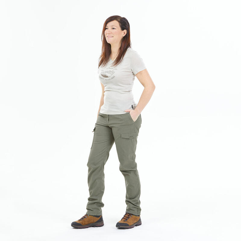 WOMEN’S TREKKING & TRAVEL CARGO TROUSERS - TRAVEL 100 - KHAKI